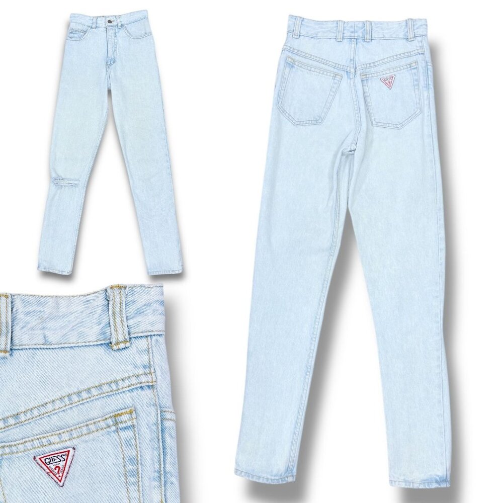 Vintage Guess Womens Light Wash 1050 High Waisted Rise Logo Patch Jeans 27 27"